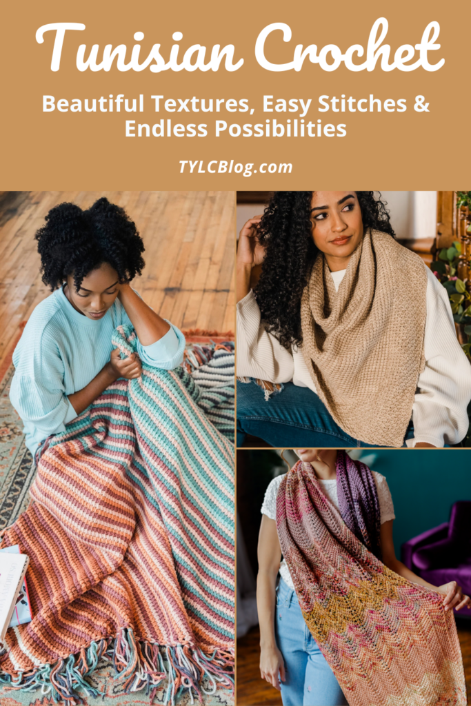 Pinterest pin for a beginner's guide to Tunisian crochet, featuring three beautiful handmade blankets and shawls that showcase colorful stitches, rich textures, and creative project possibilities.