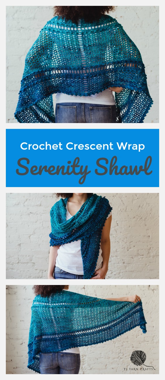 Serenity Shawl, a textured crochet crescent pattern from TL Yarn Crafts