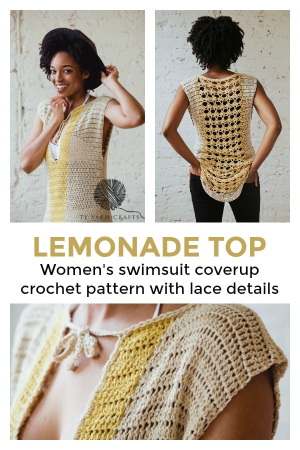 Try the Lemonade Top, a fun swimsuit coverup crochet pattern from TL Yarn Crafts. Push your crochet skills to the next level by trying lace. Small details like hip slits and a bowtie collar bring this entire project together. 