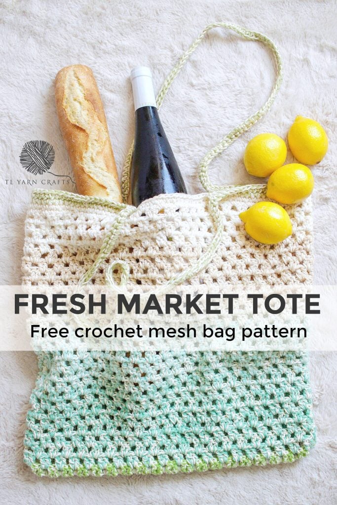 Make the Fresh Market Tote, a fun and FREE crochet market bag pattern from TL Yarn Crafts. Combine cotton and acrylic yarn for a sturdy and beautiful bag. Includes full FREE pattern and video tutorial. Perfect for Mother's Day, teacher gifts, and housewarming gifts. 