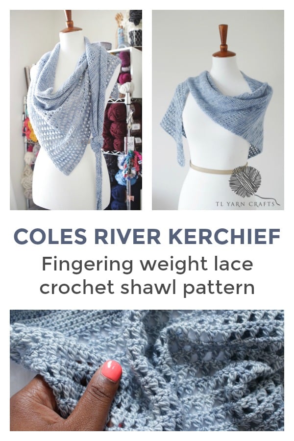 Make the Coles River Kerchief, a new crochet pattern from TL Yarn Crafts. This flowy lace wrap is crocheted with fingering weight yarn and is a perfect stash busting project. Beginner crocheters will appreciate the challenge and more advanced hookers can relax in a sea of medatative stitches. | Designed by Toni of TL Yarn Crafts. Find the pattern on Ravelry, Etsy, and TLYarnCrafts.com. #crochetshawlpattern #colesriverkerchief #tlyarncrafts 