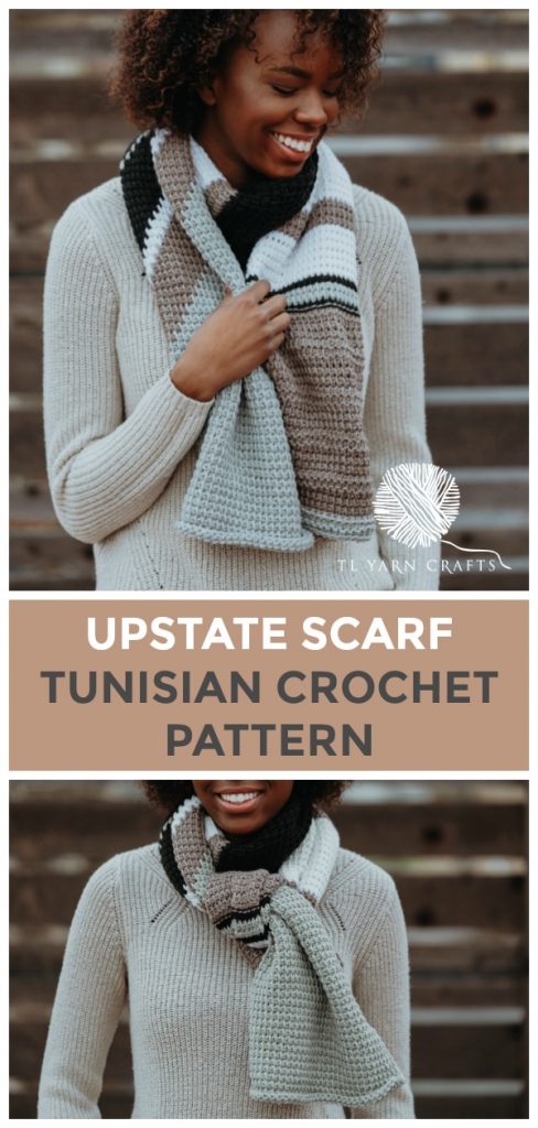 Make the new Upstate Scarf from TL Yarn Crats, a Tunisian crochet pattern that includes colorwork, bold stripes, and textured stitches. Pattern includes a helpful chart and links to Tunisian crochet instructional videos. Sample made with Spud & Chloe Yarn; project sponsored by LoveCrochet and Blue Sky Fibers. | TLYCBlog