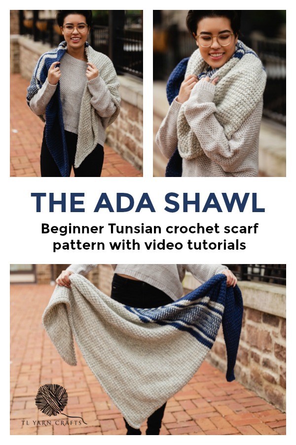 Try the new Ada Shawl, a beginner friendly Tunisian crochet asymmetrical triangle scarf. It's to easy and fun, you'll get addicted to this pattern and be done in no time. Pattern includes links to free Tunisian crochet instructional videos to help with the tricky parts. Sample made with We Are Knitters The Petite Wool. Substitute your favorite aran or bulky weight yarn to make this lovely triangle wrap. | TLYCBlog.com #tunisiancrochet #crochetpattern