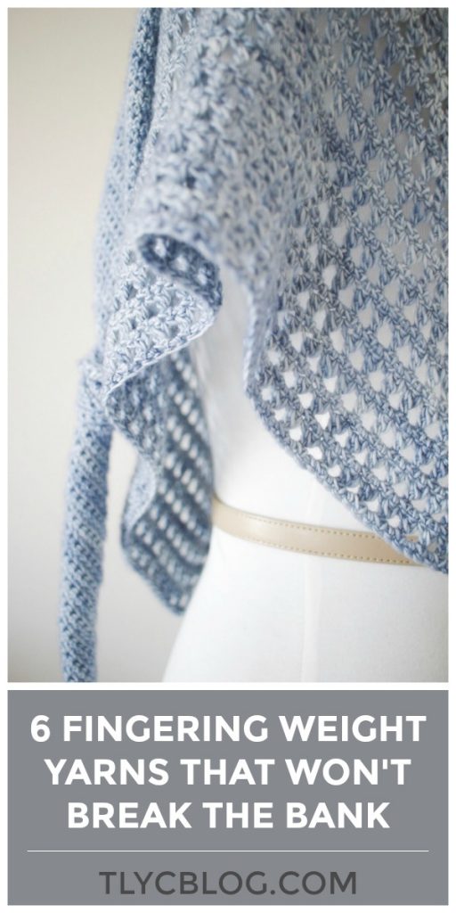 Want to make a lovely knit or crochet pattern with fingering weight yarn but don't want to spend your whole paycheck. You're in luck! I've rounded up 6 of my favorite yarns that come with the feel of luxury at value prices. Find them all on TLYCBlog.com | #crochetpattern #fingeringweightyarn #crochetshawl #knitshawl