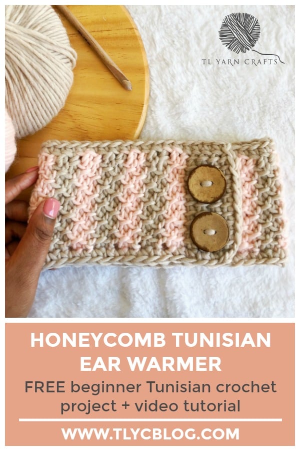 Take your Tunisian crochet skills to the next level! Try the beginner friendly Honeycomb Tunisian Ear Warmer, a cozy crochet headband with faux button closure. Pattern includes a step-by-step video tutorial. Use your stash yarn and make this project in worsted, aran, or bulky weight yarn. | TLYCBlog.com