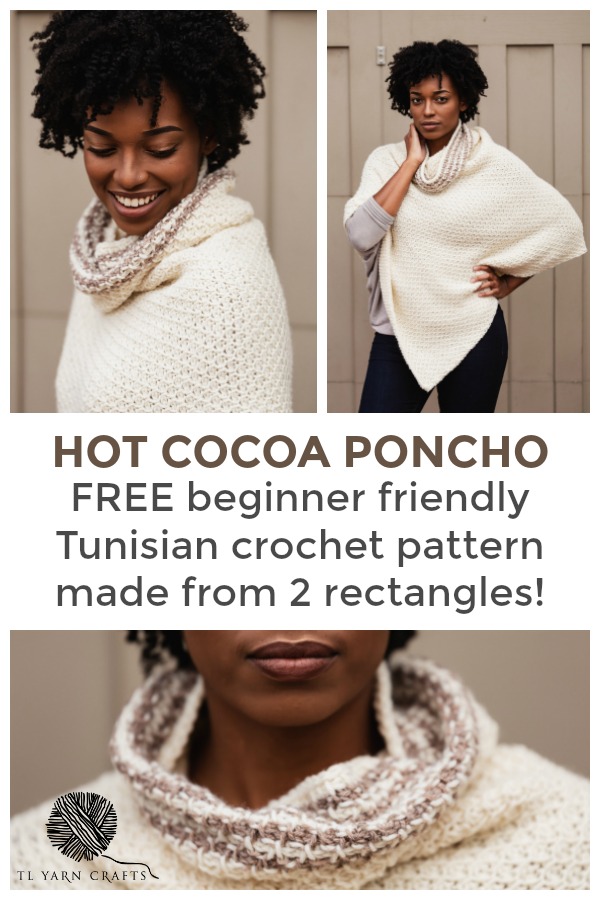 Learn to make this figure-flattering Tunisian Crochet Poncho for FREE! The Hot Cocoa Poncho is a Free Tunisian crochet pattern made simple from 2 rectangles. Pattern uses the honeycomb stitch and simple striping on the cowl neck. Pattern includes links to helpful tutorial videos and illustrations to make assembly a breeze. Project sponsored by JOANN. | TLYCBlog.com