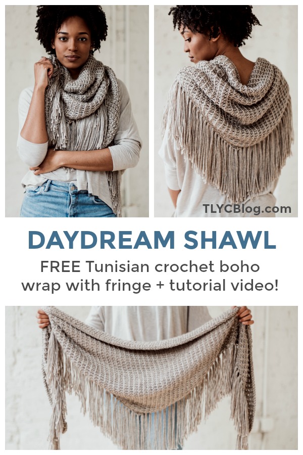 Make the Daydream Shawl, a beginner friendly Tunisian crochet boho triangle scarf. Pattern includes a helpful tutorial video! | FREE Tunisian Crochet Boho Fringe Wrap Pattern from TLYCBlog and JOANN. 