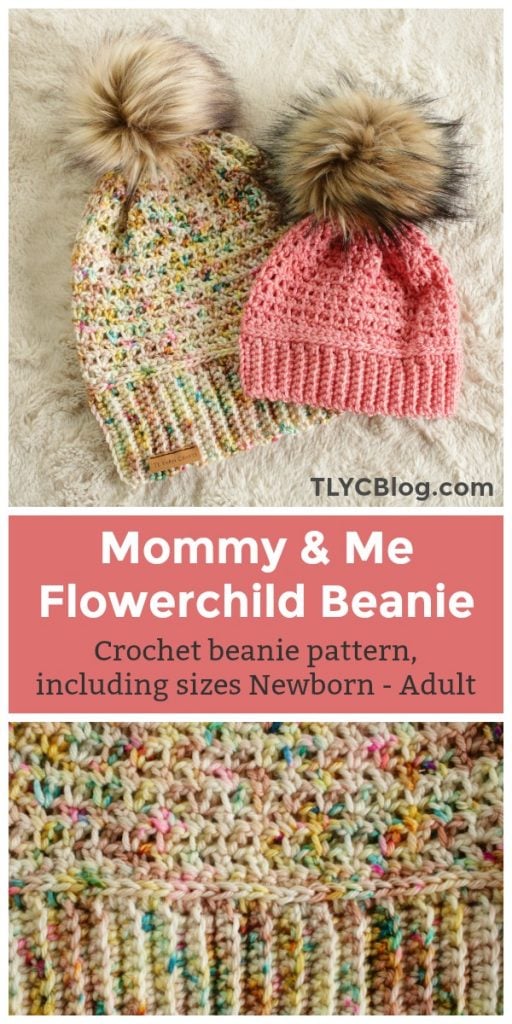 Try the new Flower Child Beanie, a lightweight crochet hat sized for the whole family! This beginner-friendly pattern comes in 6 sizes - Newborn, 3-6 months, 6-12 months, Toddler, Child, and Adult. This is the perfect project for Mommy and Me sets, or make one for the whole family! It uses just a small amount of worsted weight yarn and looks adorable with a faux fur pom pom. | Learn more and get the pattern from TLYCBlog.com!