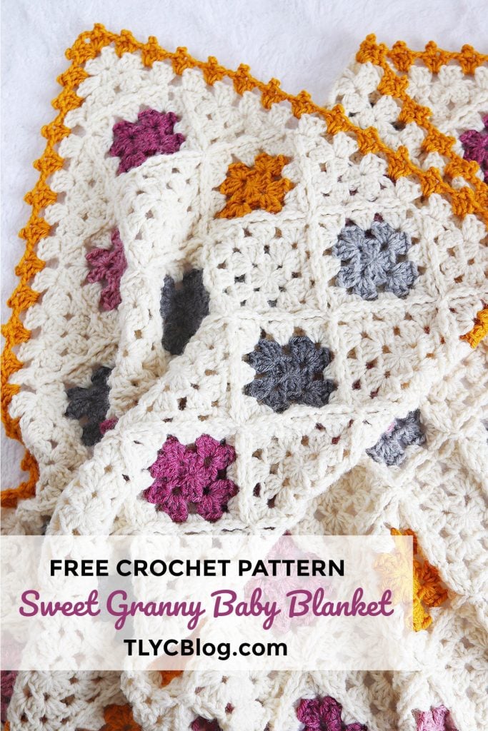 Sweet Granny Baby Blanket | Express your love to classic crochet style by making the Sweet Granny Baby Blanket. I've put a modern twist on the traditional granny sqaure and given it a modern color palette. Free crochet pattern includes a helpful chart and row-by-ros instructions.| TLYCBlog.com #crochet #granny square #freecrochetpattern #crochetbabyblanket
