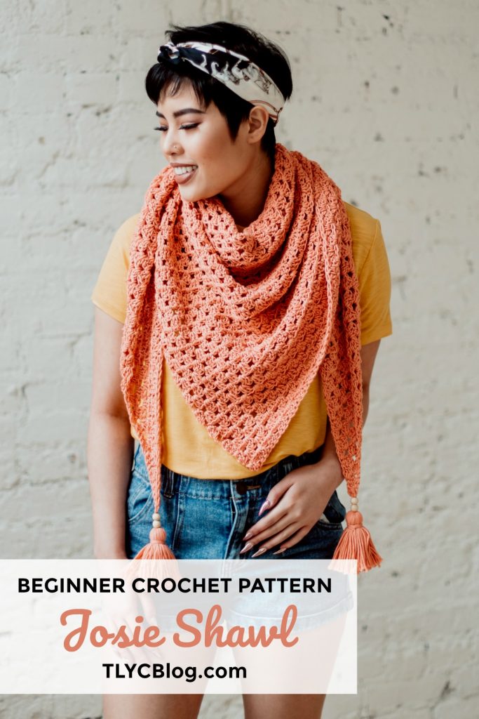 The Josie Shawl | Crochet PDF pattern for a beginner-friendly triangle shawl with beaded tassels. Perfect for crocheters of every experience level, this is a great mindful and quick project. Make plenty for your craft show booth or even for holiday gifts. | TLYCBlog.com #crochetshawl #beginnercrochetpattern #triangleshawlpattern