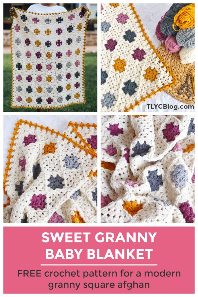 Sweet Granny Baby Blanket | Express your love to classic crochet style by making the Sweet Granny Baby Blanket. I've put a modern twist on the traditional granny sqaure and given it a modern color palette. Free crochet pattern includes a helpful chart and row-by-ros instructions.| TLYCBlog.com #crochet #granny square #freecrochetpattern #crochetbabyblanket