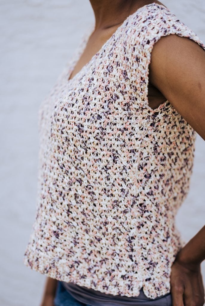 The Summertime Tank  | FREE Crochet Sleeveless Cotton Summer Tank Top Pattern from TLYCBlog and JOANN. Made with Lion Brand Comfy Cotton in the Chai Tea Colorway. Size S-3XL. Beginner friendly, fast, FREE pattern. #summertimetank #crochet #summer #pattern 