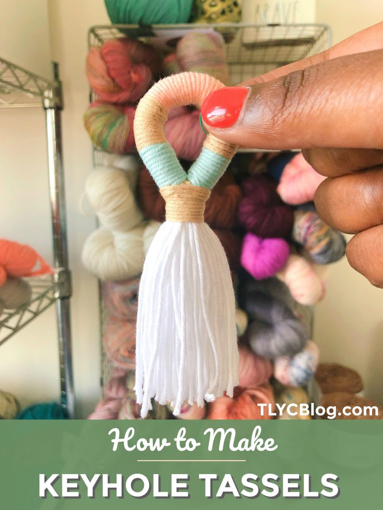 Try this quick and fun tutorial for yarn wrapped tassels, also called keyhole tassels. Grab some leftover yarn scraps from your stash and make these fun hanging tassels to adorn your keychain or handbag, add to a friendship bracelet, or even make into earrings! | TLYCBlog.com