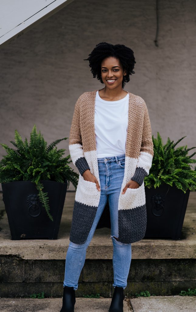 Are you new to crochet garments? Try the Dina Cardi, a beginner level crochet color block sweater with pockets. Customize your colors by building your own project kit with Mary Maxim's Ultra Mellowspun yarn and get the pattern from TLYarnCrafts.com | TLYCBlog.com