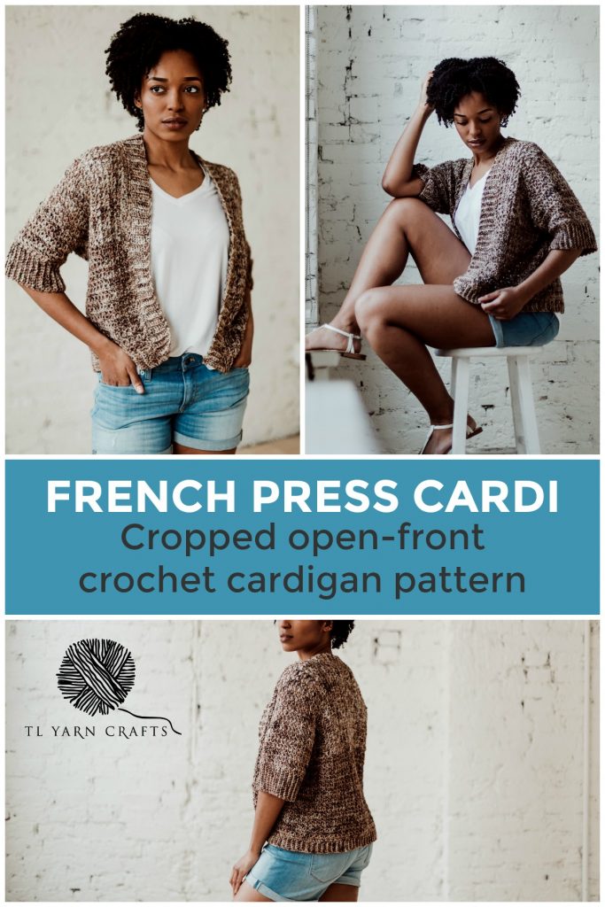 French Press Cardi | Try new skills as you make the crochet French Press Cardi, a casual open-front sweater pattern with small mesh and ample ribbing. A perfect choice for your first crochet sweater project. | TLYCBlog.com