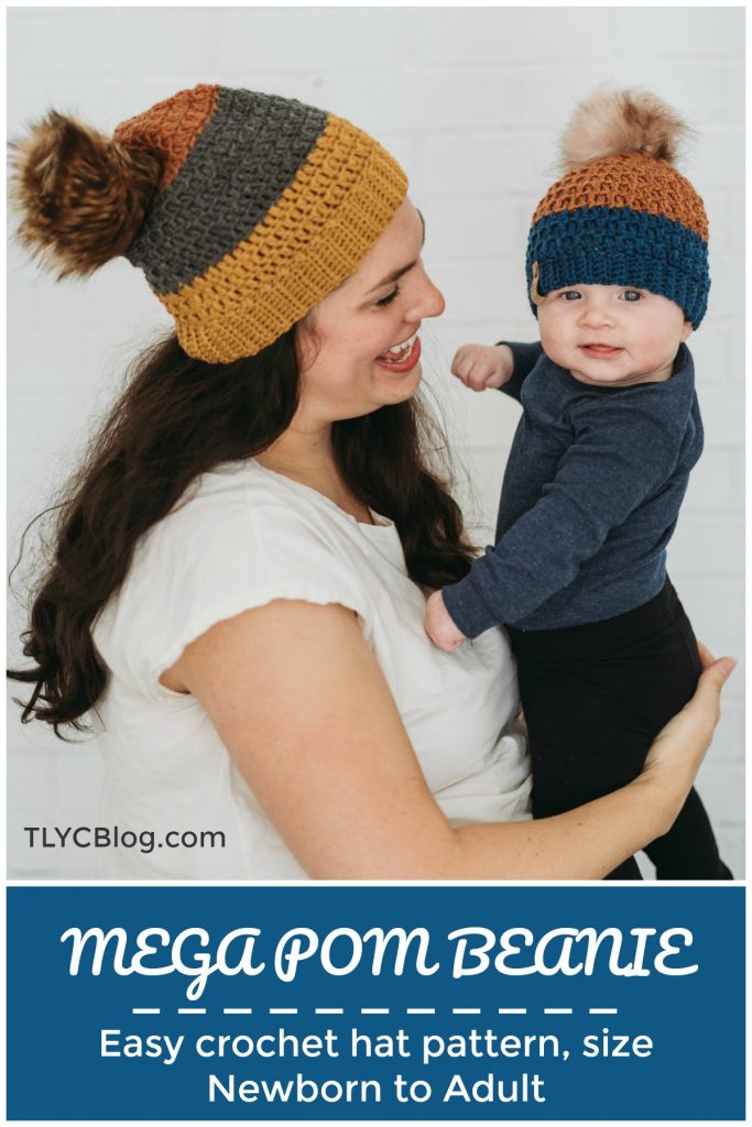 Mega Pom Beanie | Looking for a unique crochet slouchy hat that is perfect for the whole family? Try the Mega Pom Beanie, the ideal winter crochet hat pattern that includes sizes Newborn, 0-6 months, 6-12 months, 1-3 years, 3-10 years, and Teen/Adult. Babies, children, teens, and adults will love wearing this trendy hat, and you'll love making it. Beginner-friendly, it's one project you won't get enough of. Try the Mega Pom Beanie crochet hat pattern now. | TLYCBlog.com