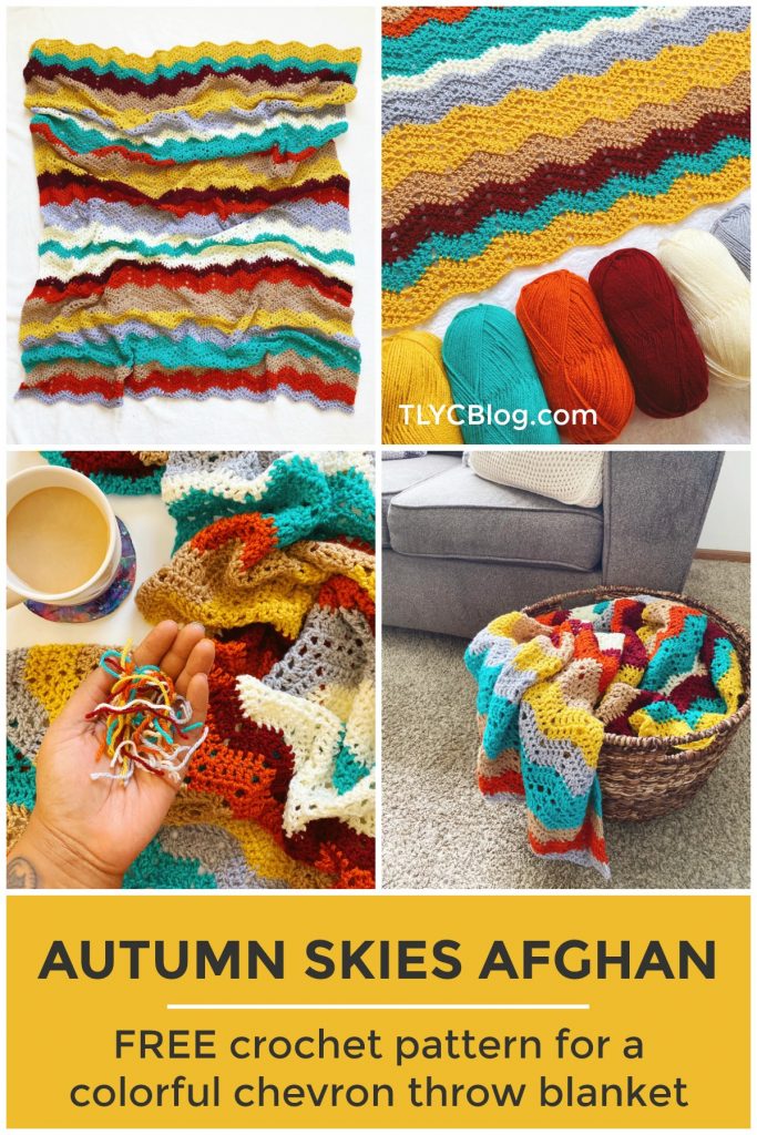Free Crochet Blanket Pattern - Autumn Skies Afghan. Colorful crochet afghan made with worsted weight acrylic yarn in seven colors. Lion Brand Basic Stitch Premium. Easy crochet throw blanket pattern for beginners. Free pattern. | TLYCBlog.com