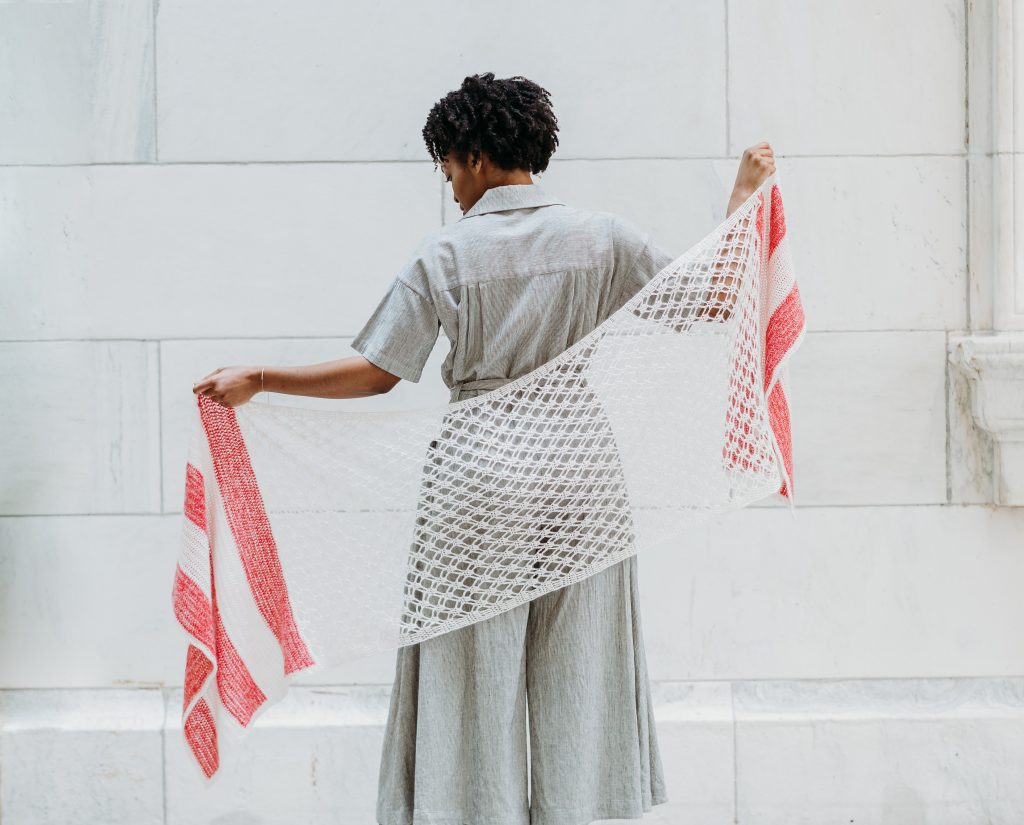 Monti Wrap - Lightweight lace crochet shawl. Color block stripes, built-in border. Challenge yourself to finally try crochet lace with this pattern (which is much easier than it looks!). Designed in collaboration with Shibui Knits for their SS 2020 Modern Wrap Collection. | TLYCBlog.com