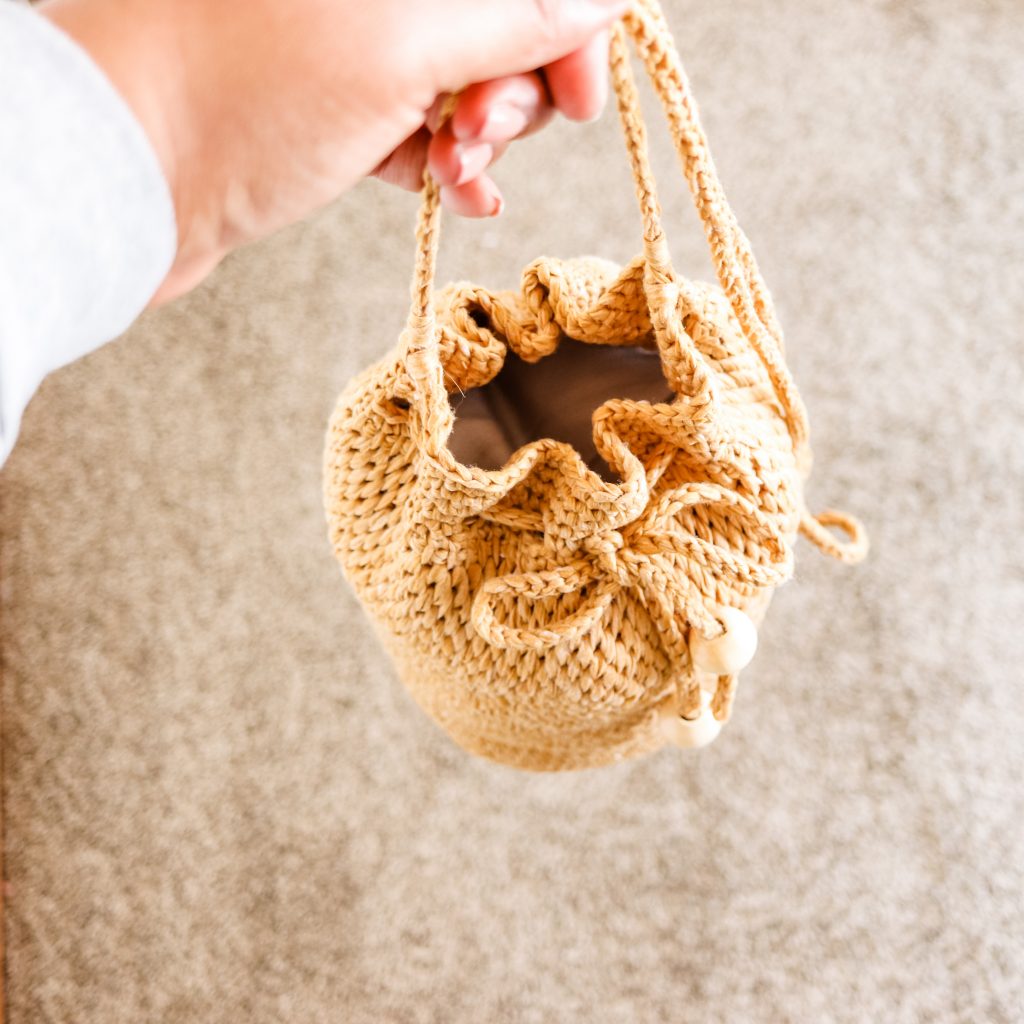 Harper Bucket Bag | Tunisian crochet summer raffia look bag made with Lion Brand Rewind Tape Yarn free crochet pattern with video tutorial and helpful photos. 
