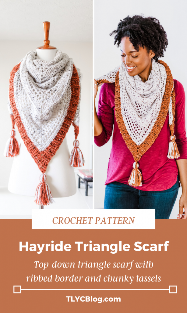 Hayride Triangle Scarf | Crochet triangle scarf pattern, beginner friendly, dk weight, easy crochet shawl pattern, ribbed border, chunky tassels. | TLYCBlog.com