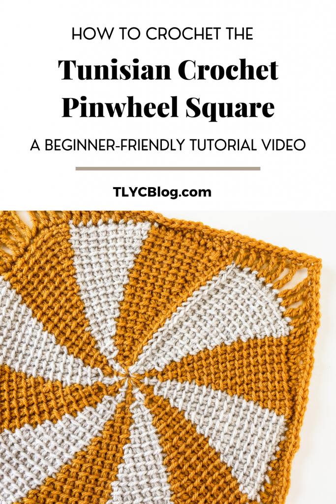 Tunisian crochet pinwheel square | Free written pattern and tutorial video for Tunisian crochet beginner learn how to crochet the Tunisian crochet arrowhead stitch | TLYCBlog.com