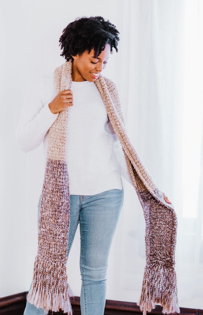 Bobbi Fringe Scarf | Beginner friendly Tunisian crochet scarf with tassels. Includes free crochet pattern and helpful tutorial video. | TLYCBlog.com