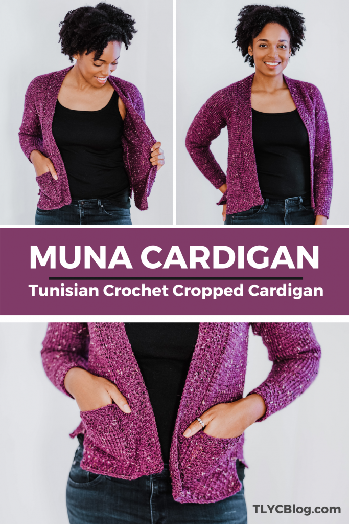 Muna Cardi | Cropped Tunisian crochet cardigan beginner friendly crochet sweater pattern with wool and alpca DK weight yarn. | TLYCBlog.com
