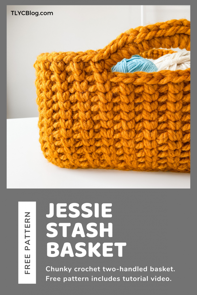 Make the Jessie Stash Basket, a chunky crochet basket, using the free pattern and included tutorial video. This easy, modern crochet storage basket is perfect for holding your projects and for gift giving. Make this large rectangle crochet yarn storage basket today! | TLYCBlog.com