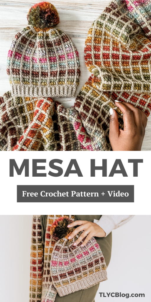 Mesa Hat | Beginner unisex Tunisian crochet hat pattern with tutorial video. Crochet sloughy beanie for women using self striping yarn from Lion Brand. | TLYCBlog.com