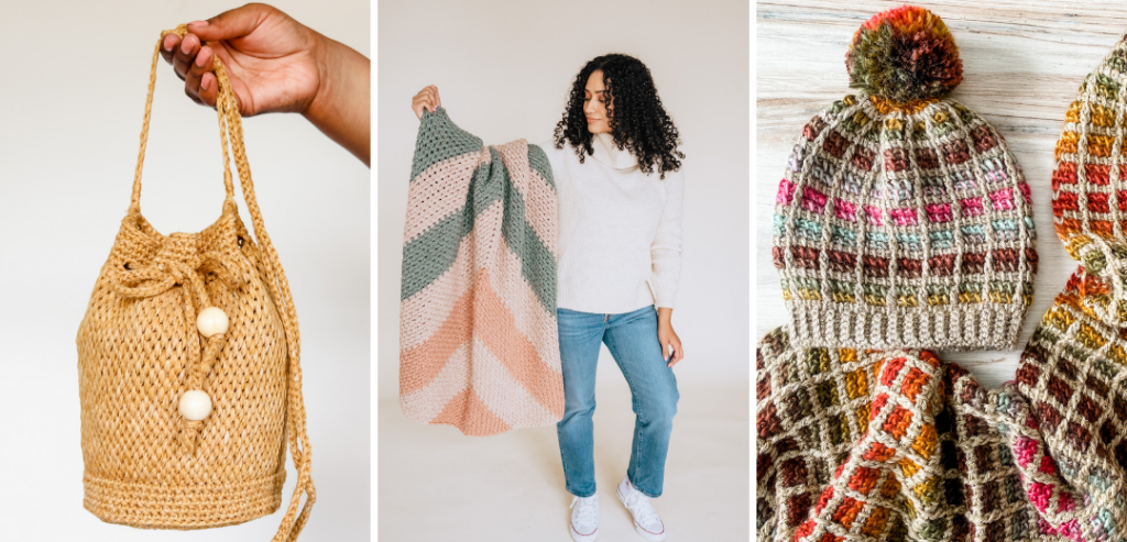 Free crochet patterns for beginners, free crochet bucket bag pattern, free crochet modern chunky blanket pattern, free crochet pom pom hat pattern