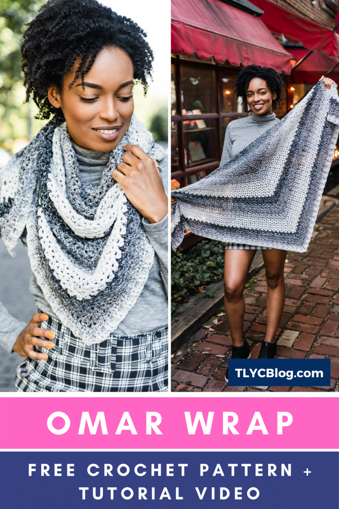 Learn to crochet this easy beginner crochet triangle scarf. The Omar Wrap features crochet v-stitches, ribbing, and color changing cake yarn.