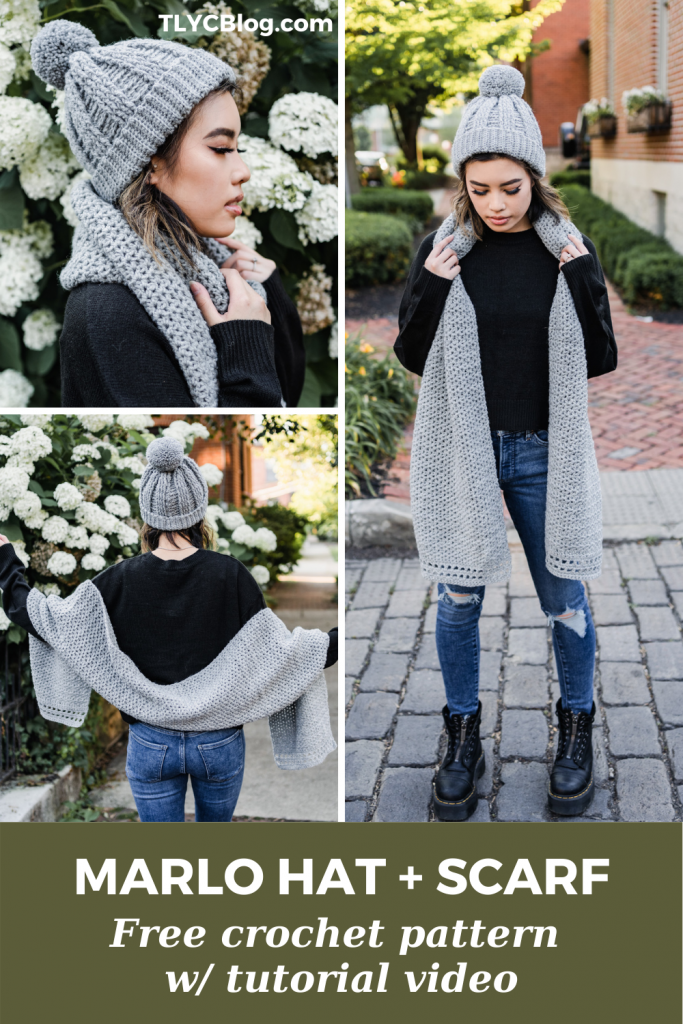 Learn to crochet this easy beginner crochet hat and scarf set with the help of a free pattern. Chic crochet pom pom hat and oversized wrap scarf.
