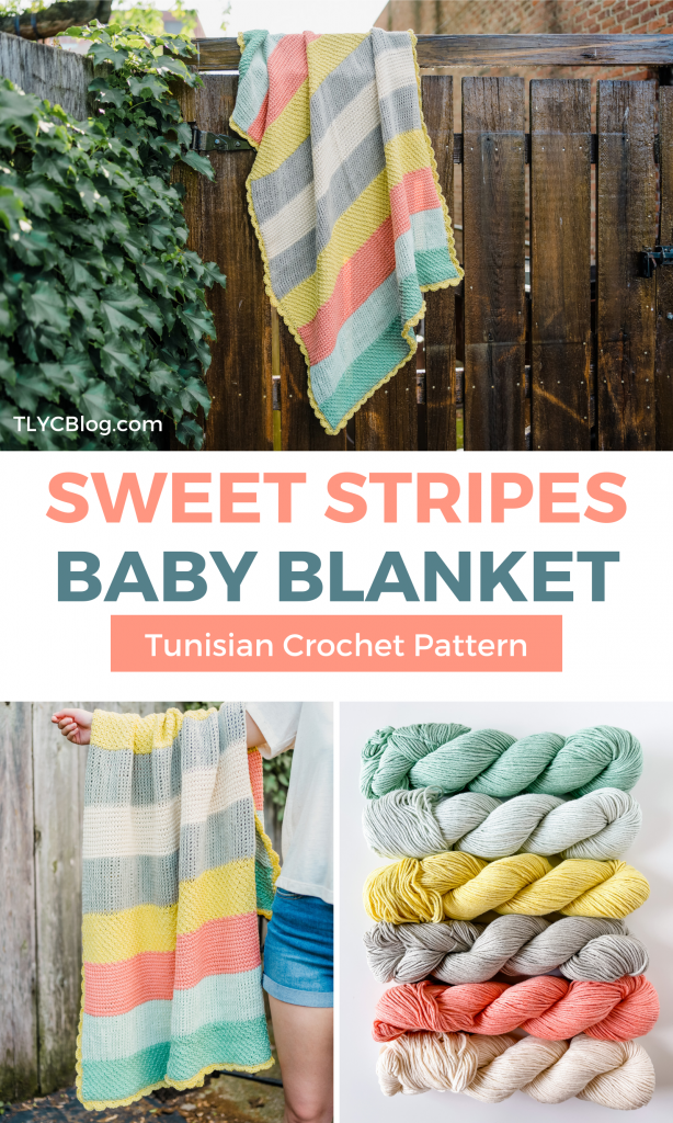 Tunisian crochet baby blanket with cotton yarn in pastel colors. Beginner friendly crochet pattern for a cute baby blanket. 