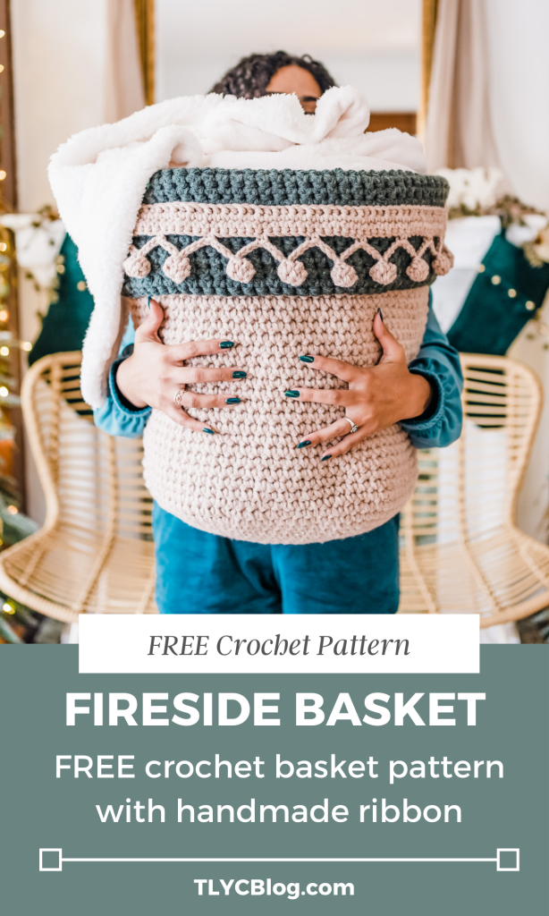 Free crochet pattern blanket basket single crochet beginner friendly crochet basket pattern bobble trim ribbon. | TLYCBlog.com