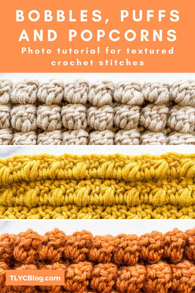 Learn how to crochet textured crochet stitches - bobble stitch, puff stitch, popcorn stitch. Video and photo tutorial beginner crochet. 