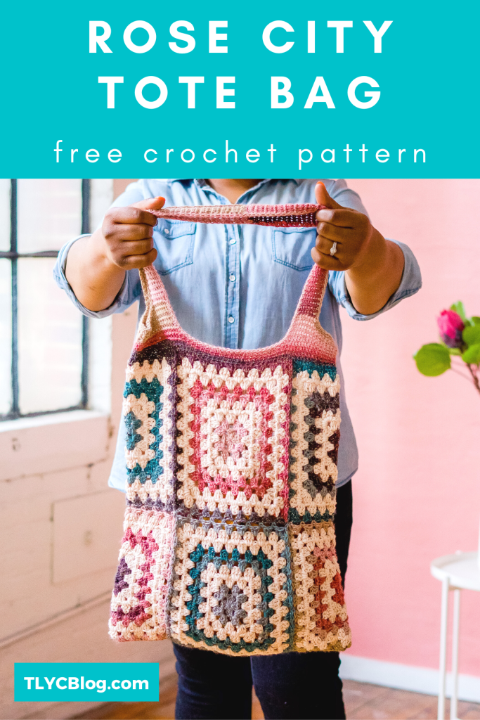 Free granny square tote crochet pattern - Rose City Tote, using Hobbii cake yarn and cotton. Beginner crochet bag design tutorial. 