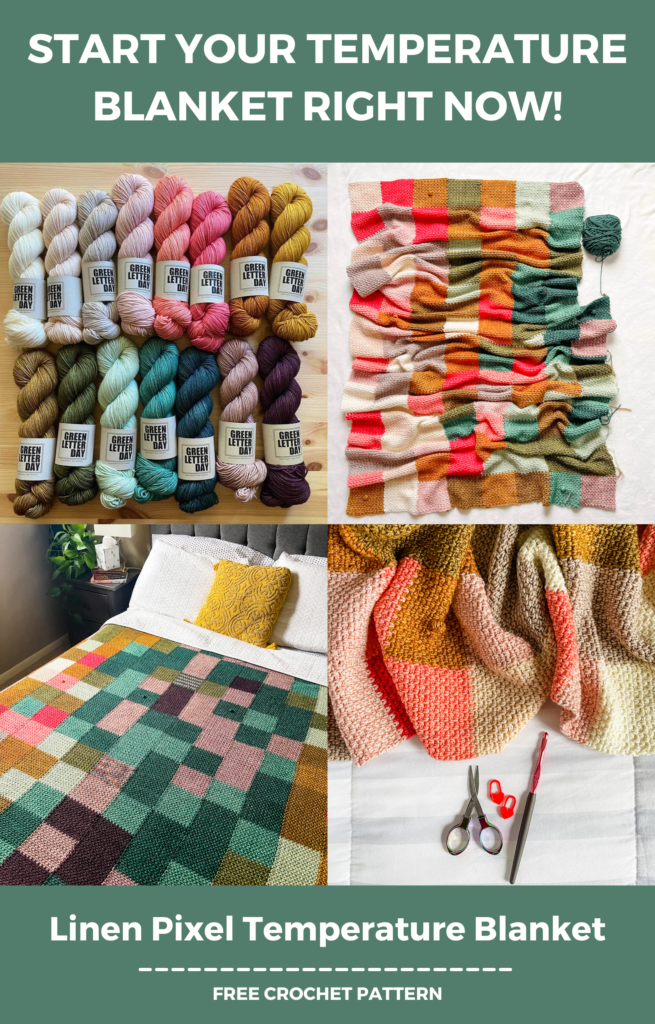 Linen Pixel temperature blanket. Free crochet queen sized afghan using merino wool yarn. Free linen stitch pattern for crochet throw blanket.