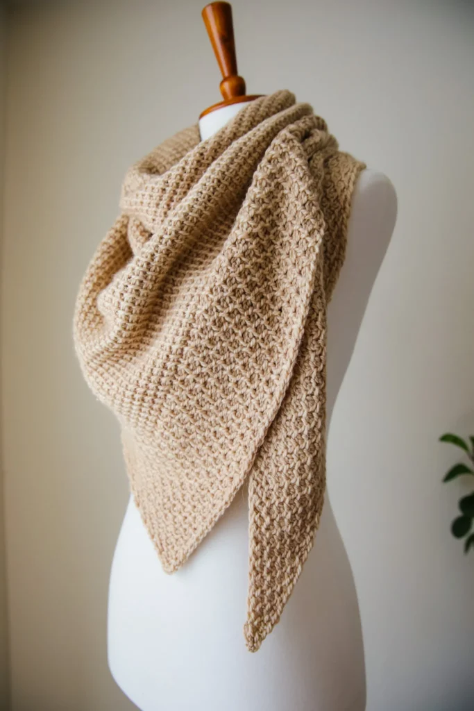 Handmade Tunisian crochet triangular shawl featuring textured stitches and a gradually widening shape.