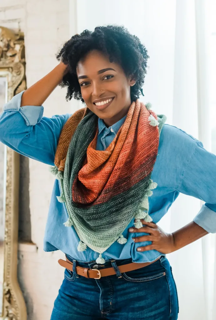 Model wearing the Rancher Shawl by TL Yarn Crafts, a large Tunisian crochet triangle shawl in a smooth gradient of warm and cool tones, finished with tassels along the edges.