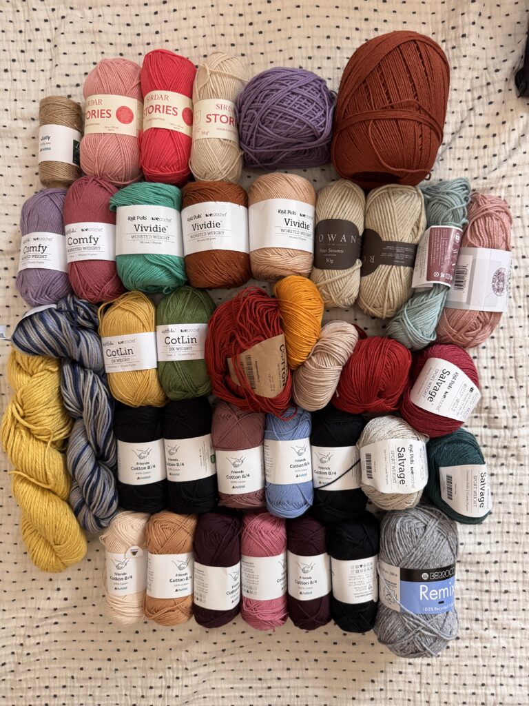 Yarn selection from TL Yarn Crafts 2025 Destash Event