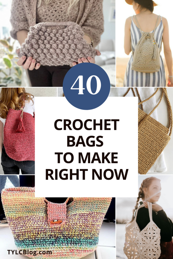 Crochet bag roundup featuring 40 patterns, including totes, market bags, and textured statement designs, with a central “40 Crochet Bags to Make Right Now” title.