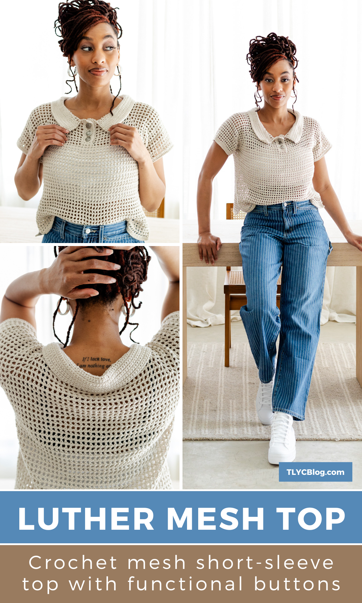 Luther is a crochet mesh tee pattern with a Peter Pan collar, button placket & top-down raglan construction. Sizes XS–5XL. Yarn guide inside.