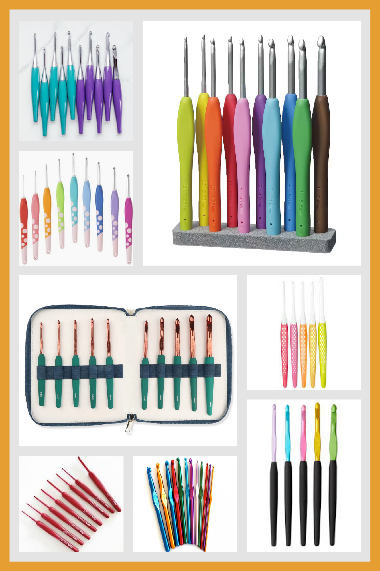 Hook Review May 2026 Collage of eight crochet hook sets featured in the Crochet Hook Showdown review, including ergonomic, metal, and Happy Place hooks.