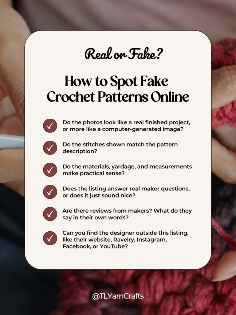Checklist graphic titled “Real or Fake? How to Spot Fake Crochet Patterns Online” with six tips for identifying suspicious crochet pattern listings before buying.