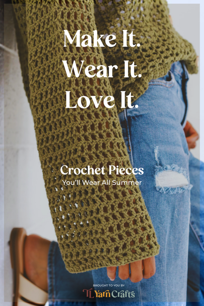 Model wearing green Issa Cardigan for warm weather crochet capsule wardrobe inspiration by TL Yarn Crafts
