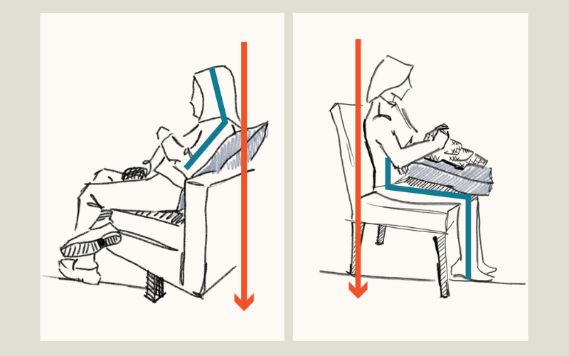 Illustration comparing relaxed and hunched crafting postures, with colored lines showing proper back and arm alignment.