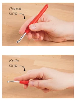 Comparison of the pencil grip and knife grip methods for holding a crochet hook.