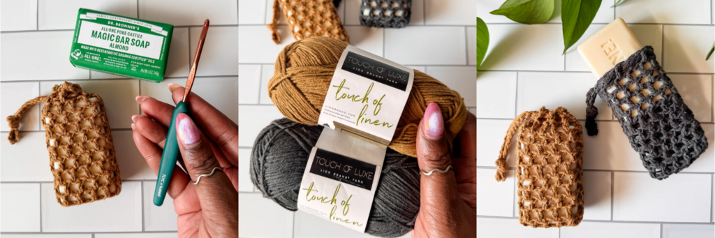 Tan and charcoal Easy Peasy crochet soap savers displayed with wrapped soap bars and Lion Brand Touch of Linen yarn.