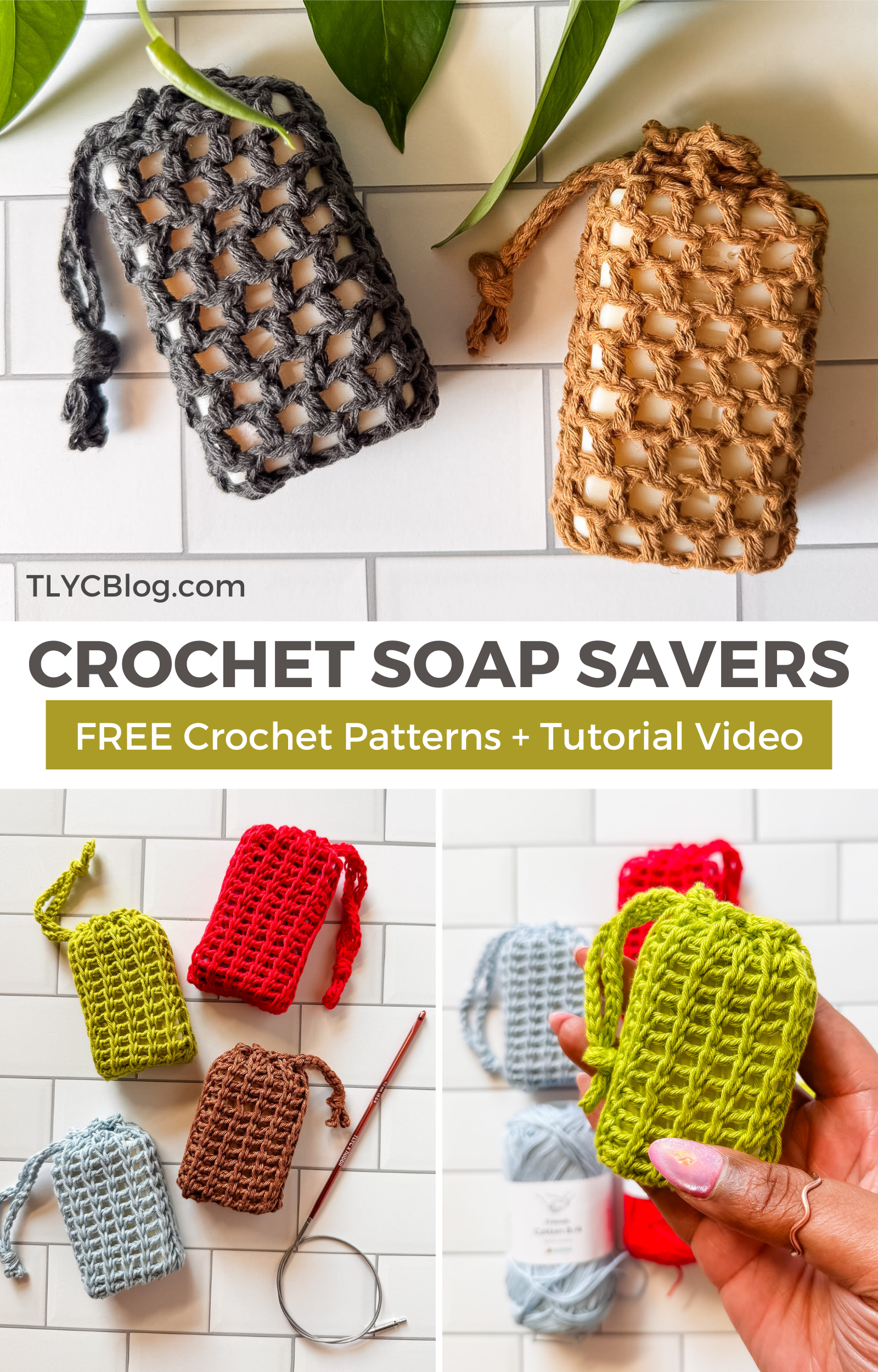 Pinterest graphic featuring Tunisian and traditional crochet soap savers with the text “Crochet Soap Savers: Free Crochet Patterns + Tutorial Video"