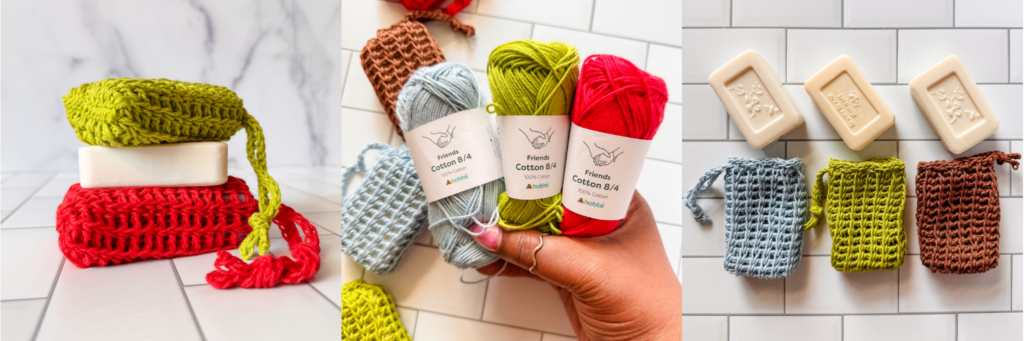 Tunisian crochet soap savers shown with wrapped soap bars and Hobbii Friends Cotton 8/4 yarn in red, green, blue, and brown.